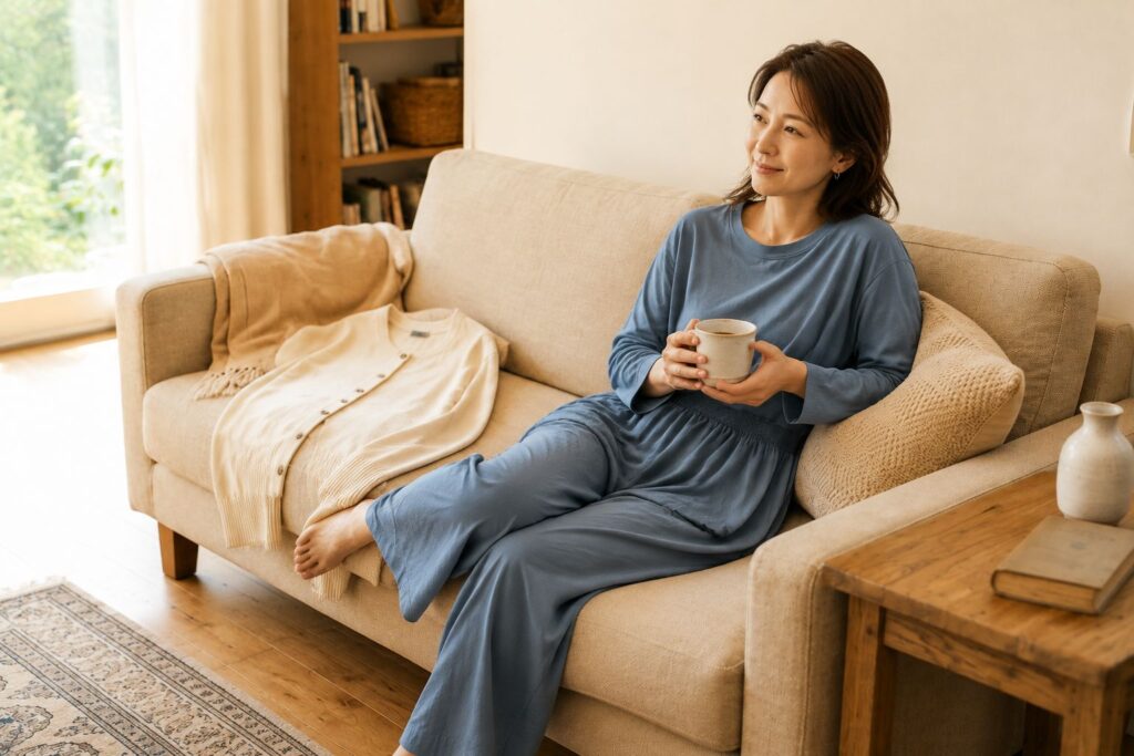やわらかなルームウェアでくつろぐ40代女性