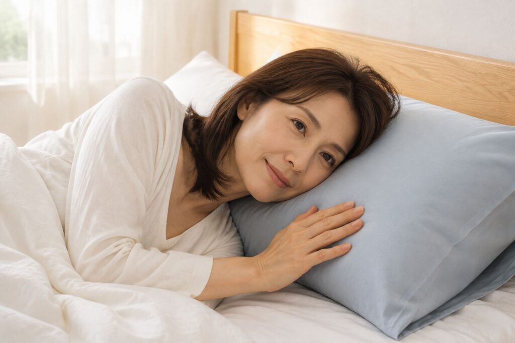 なめらかな枕カバーに頬を添えて横になる40代女性