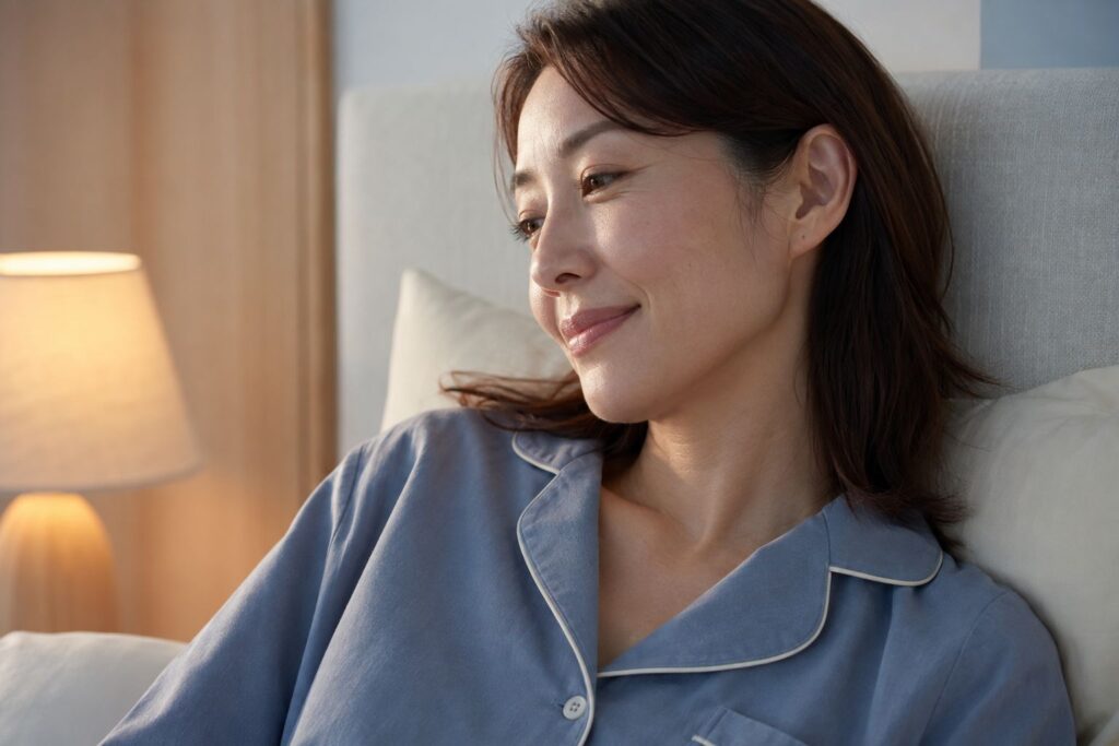 やわらかなパジャマでくつろぐ40代女性
